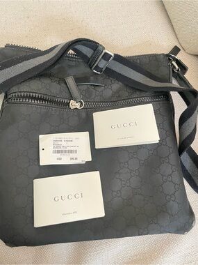 Gucci Black Monogram Crossbody Messenger Bag with Striped Strap